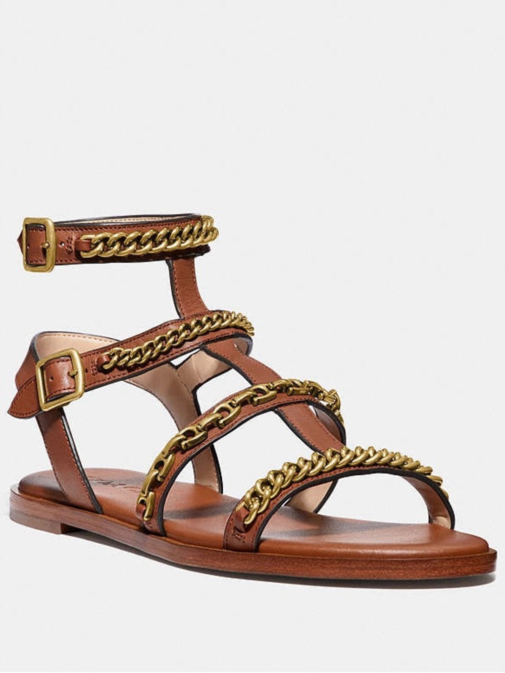 Coach Haddie Brown Leather Chain-Trim Gladiator Sandals